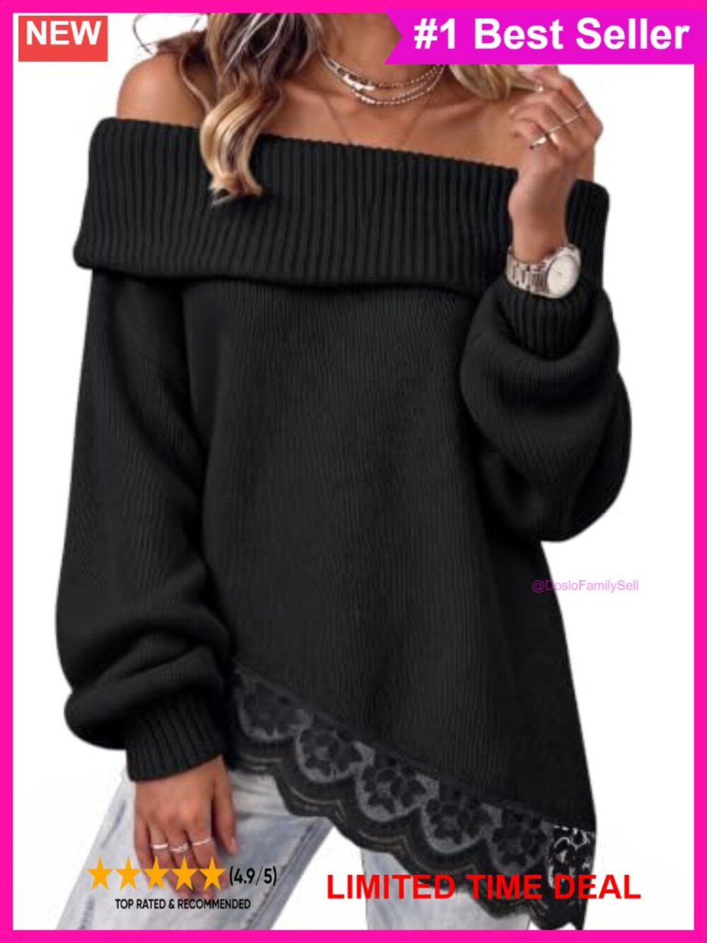 Off Shoulder Knit Sweater Lace Trim Asymmetrical Pullover